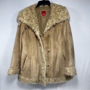 Y2K Boho Esprit Tan Leather Faux Fur Shearling Trimmed Jacket Coat Large